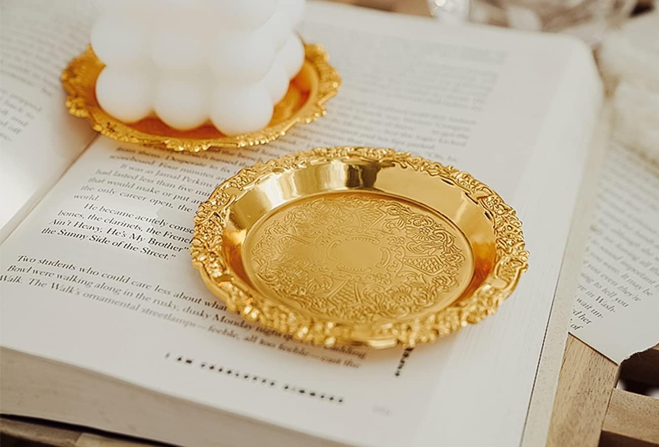 4 Pcs Gold Decor Pattern Relief Iron Plate Candle Tealight Holders Decorative, 4.0" Votive Candle Holders Bulk for Candle Home Coffee Table Centerpiece for Dining, Living Room, Gifts for Wedding