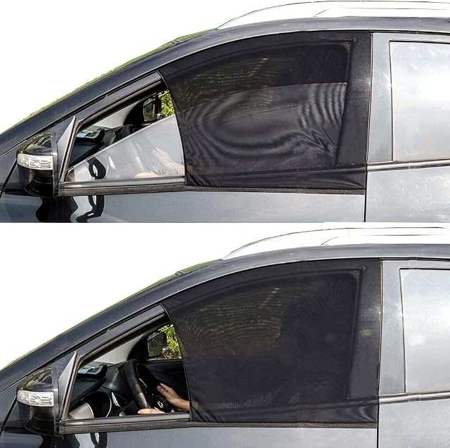Front Car Window Sunshade - 2 Pack Breathable Mesh Car Side Window Shade Sunshade UV Protection for Driver Family Pet on Front seat, Car Curtain with Two Holes to See Rearview Mirror Fit, Size M