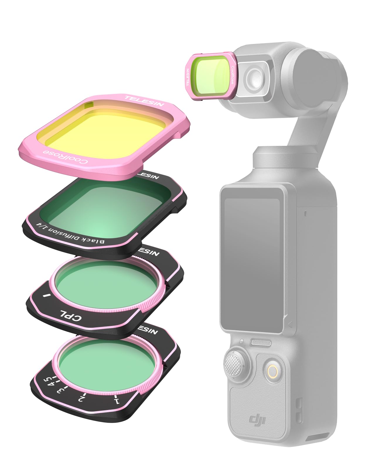 TELESIN Lot de filtres ND pour DJI Osmo Pocket 4/3, VND 2-32 + CPL + 1/4 Black Mist + Cool Rose, kit de filtres magnétiques Snap-On pour Vlog, voyage, vidéo cinématique