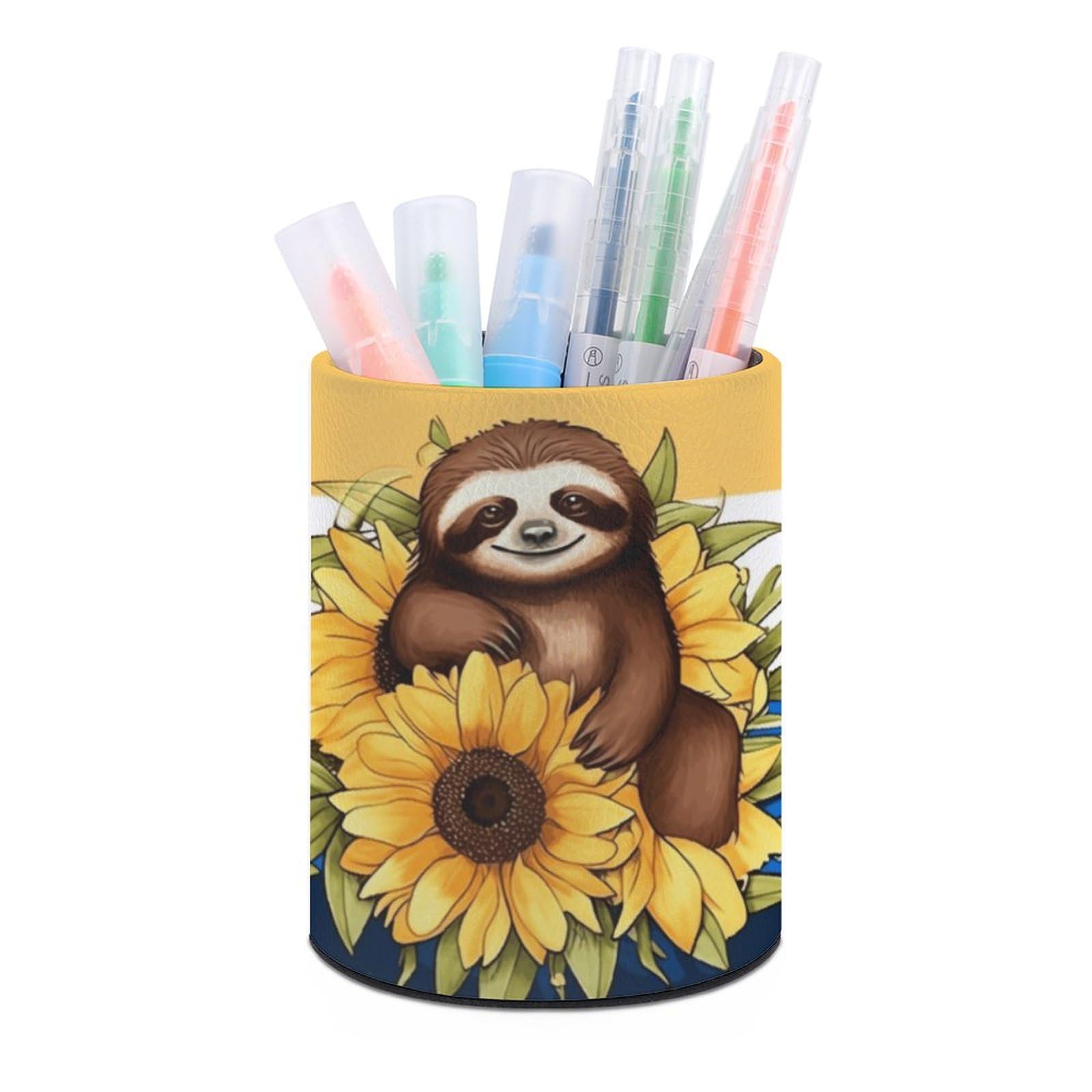 JTREHY Round Pen Holder,Cartoon Sloth Sitting on Sunflower Printed Makeup Brush Storage Box for Home Office Dressing Table