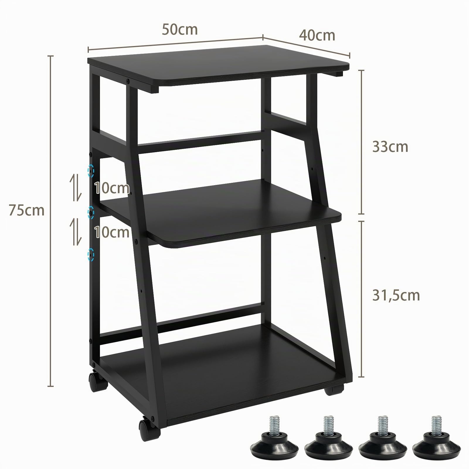 PUNCIA Soporte para Impresora con Ruedas Carrito de 3 Niveles Ajustable 50x40cm Estantería de Madera y Metal para Impresora Fotocopiadora Escáner Mueble Organizador de Oficina Negro