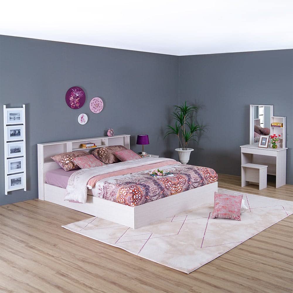 Danube HomeGamorah 5 Pieces Bed Set King Size (180X200Cm) + Night Stand + Dresser And Stool With Mirror | Comfortable Bedset Full | Sturdy Modern Design Wooden Bed Room Set Furnitures - Washed White