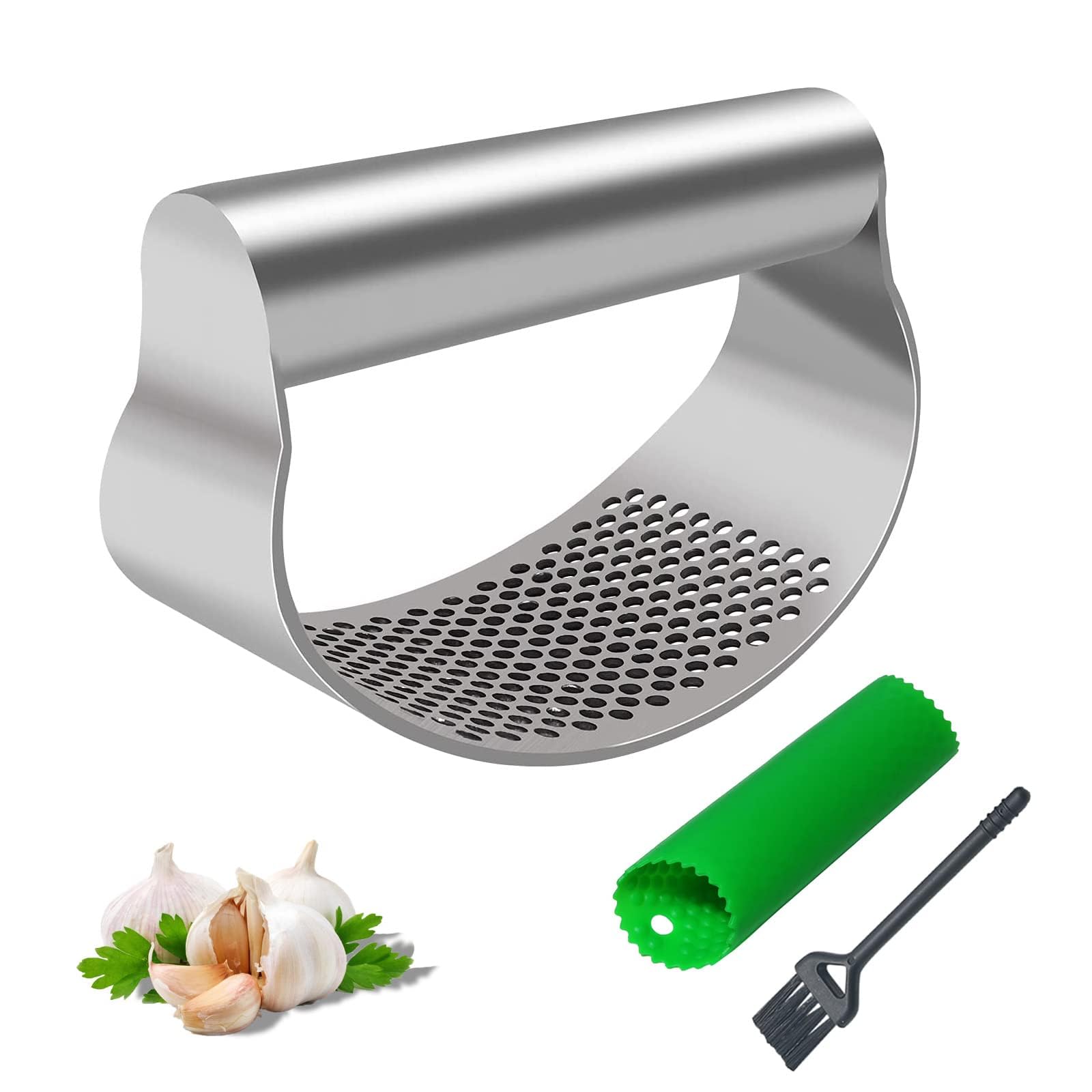1 PCS Garlic Press Stainless Steel Garlic Crusher Presser Kitchen Garlic Rocker Food Grade Ginger Mincer Twister Squeezer Smasher with 1 PCS Silicone Garlic Peeler Tube Roller 1 PCS Cleaning Brush