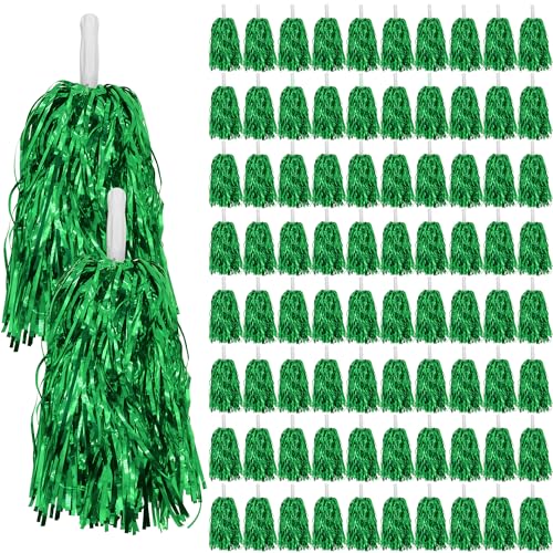 80PCS Cheerleading Pom Poms Metallic Foil Plastic Pom Poms for Football Basketball Sports Squads Dancing Party Stage Performance Celebration (Green)