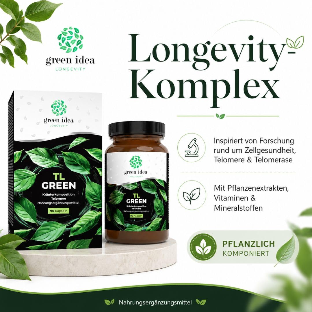 Green idea LONGEVITY TL GREEN Kapseln 90 Stück – Longevity Komplex mit Grüntee Extrakt, Astragalus, Resveratrol, Rhodiola, Selen, Zink, Vitamin D3 & B-Komplex – veganes Nahrungsergänzungsmittel