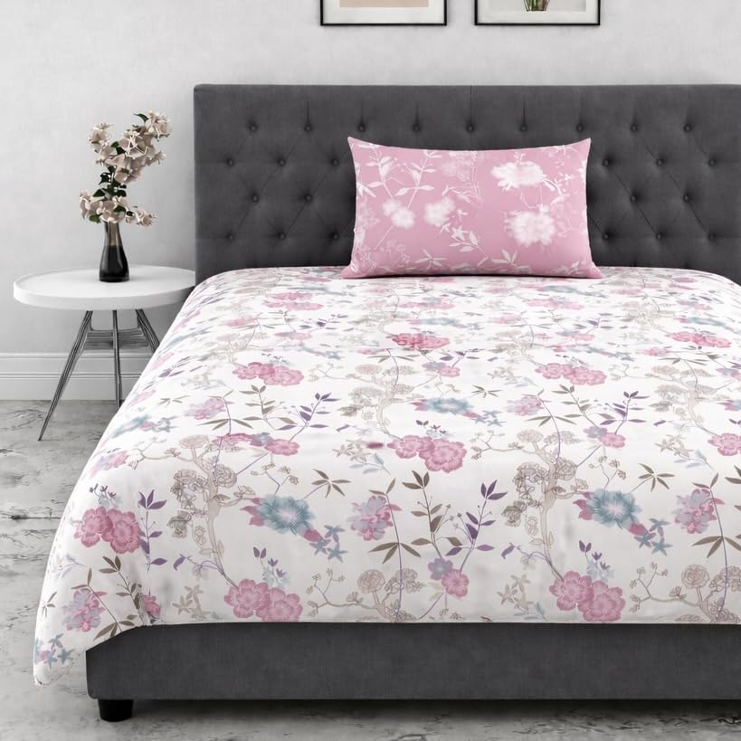 Image of DECOR2ADMIRE 300 Thread Count Premium Cotton Printed Single Bedsheet with One Pillow Covers for Home 60 Inches x 90 Inches (White Pink Contrast, Single 60 inch x 90 inch)
