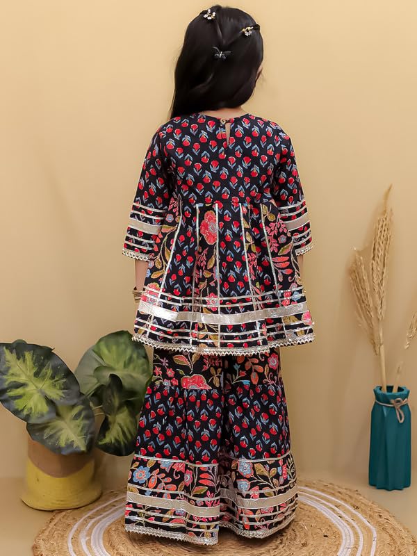 Image of superminis Girls Cotton Floral Printed Gotta Work 3 /4 Sleeves Flared Design Kurti & Sharara Set
