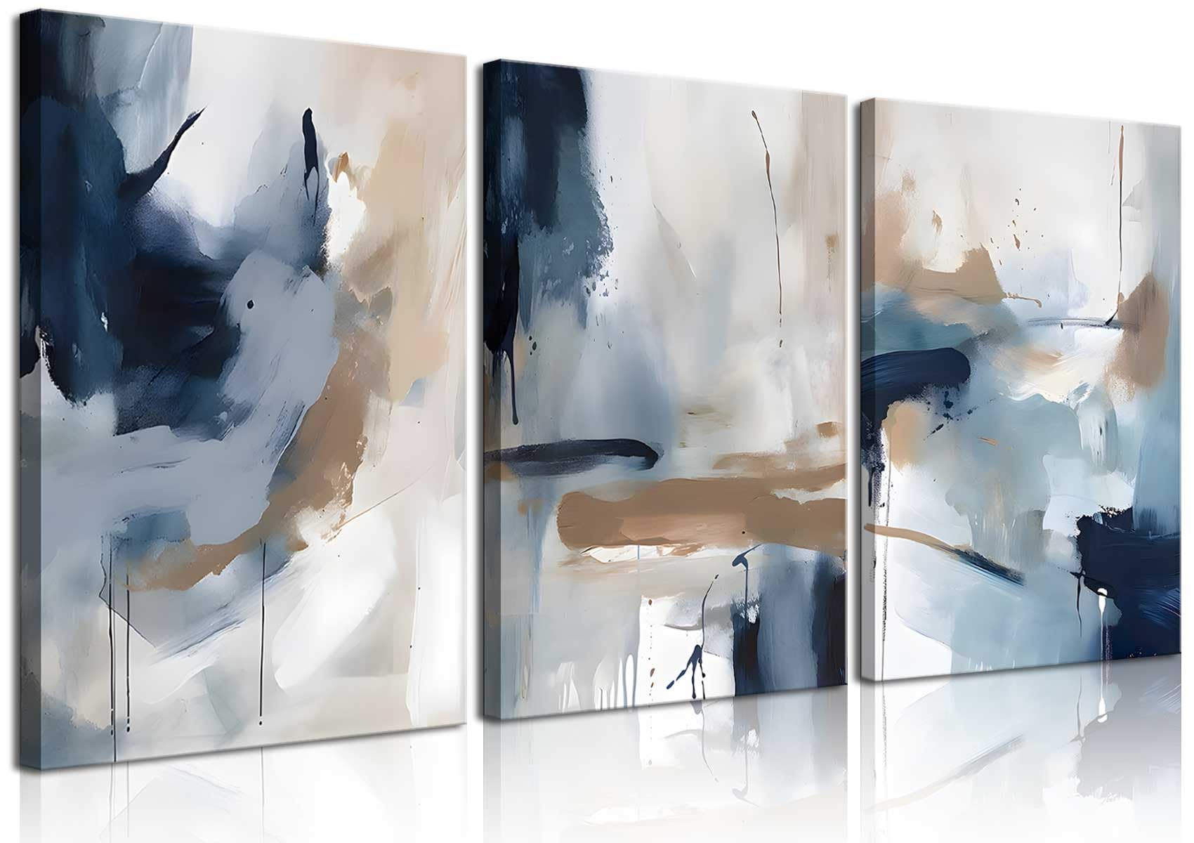 LMYSXAOZ 3Pcs Framed Navy Blue Wall Art Abstract Modern Brown Watercolor Canvas Posters Prints Minimalist Neutral Decor Pictures for Living Room Bedroom Home Decoration 12x16in