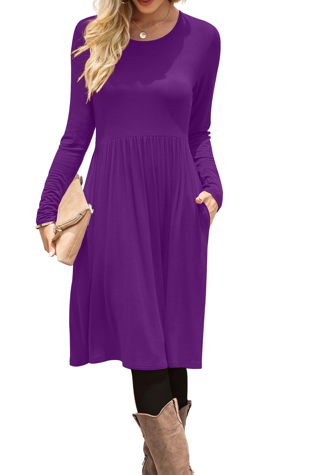 DB MOON Women Casual Long Sleeve Dresses Empire Waist Knee Length Loose Dress with Pockets
