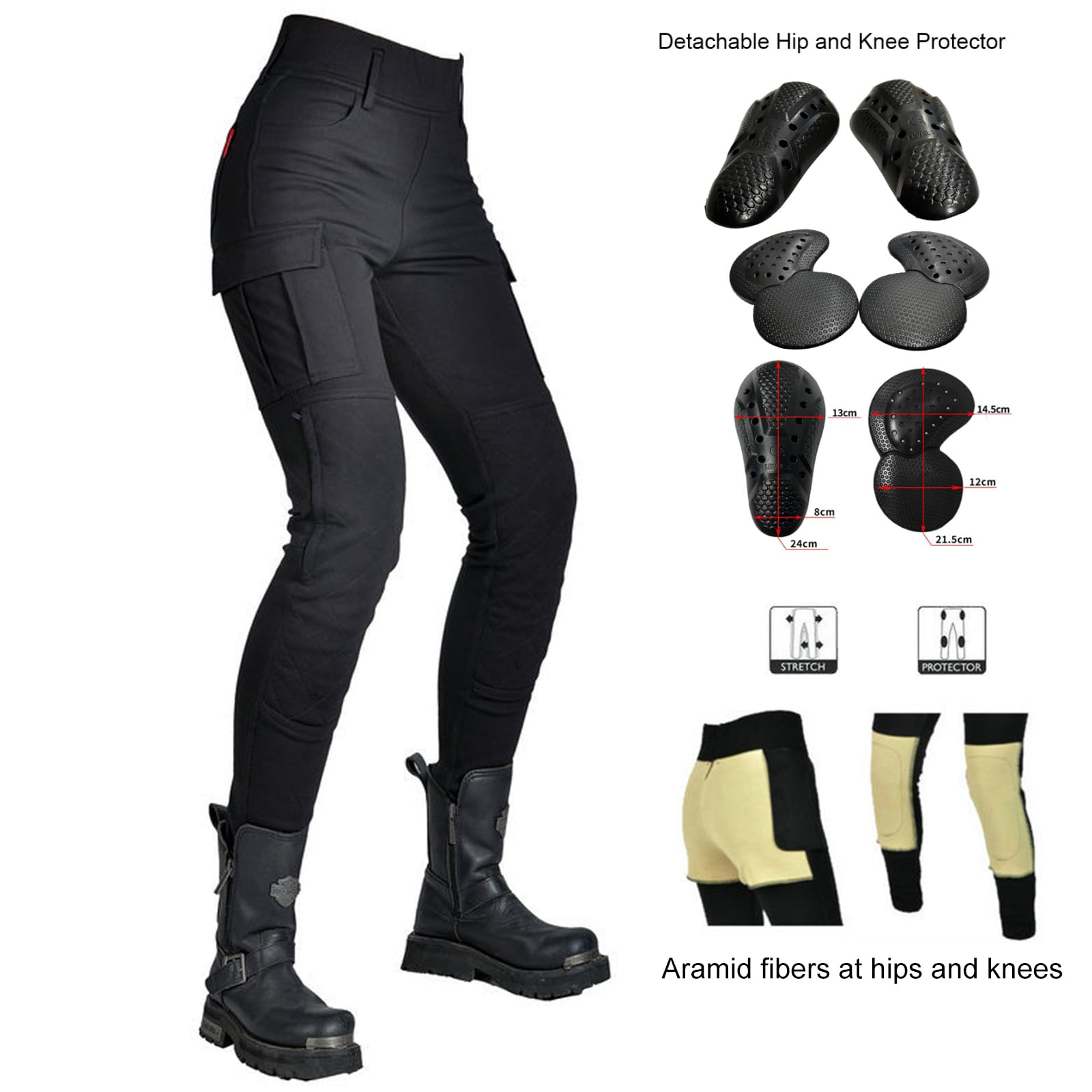 Damen Motorrad Leggings Aramidfaser Stretch Abriebfest mit Herausnehmbaren Protektoren Touren Motocross Racing Biker Schutz