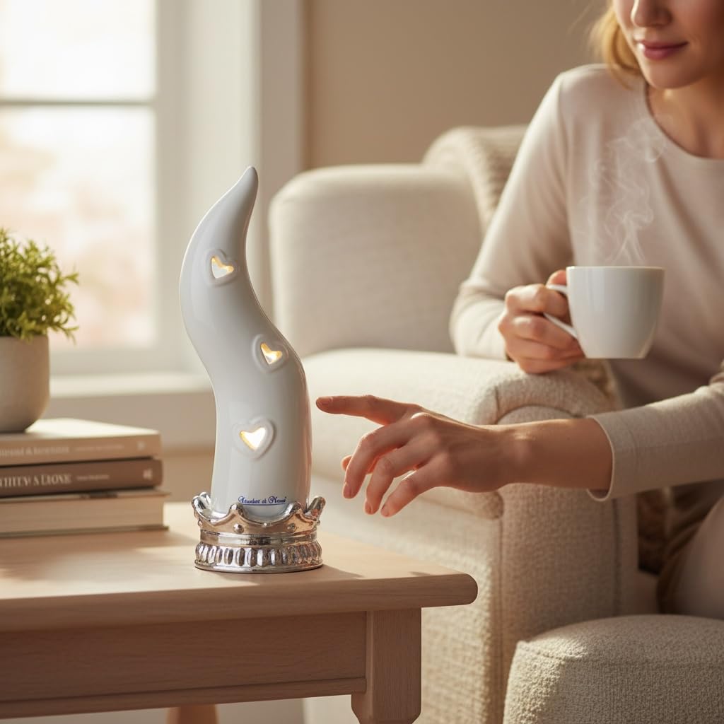 GMM Corno Decorativo in Ceramica, Bianco e Argento, 18 cm, con Cuori in Rilievo (Bianco_Argento)