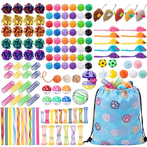 Leitee 151 Pcs Cat Interactive Toys for Indoor Cats Bulk with Gift Storage Bag Kitten Toys Stuff Gift Set Including Springs Mice Balls Bells Sisal Ball for Indoor Kitty Play Exercise(Cute)
