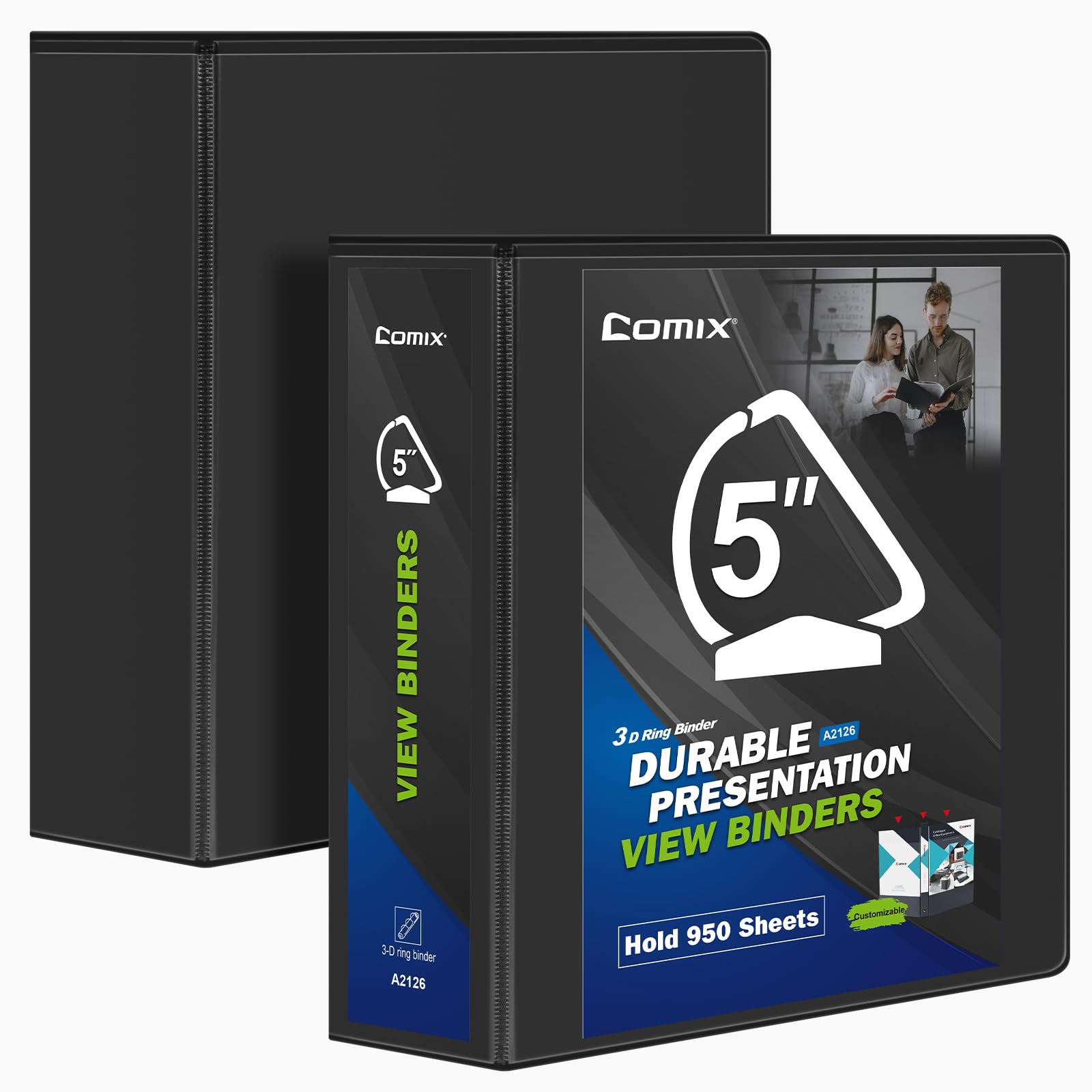 Comix Durable 3 Ring Binder, 5 inch D Ring Binders, Hold 950 Sheets of US Letter Size Paper, 2 Pack (Black)