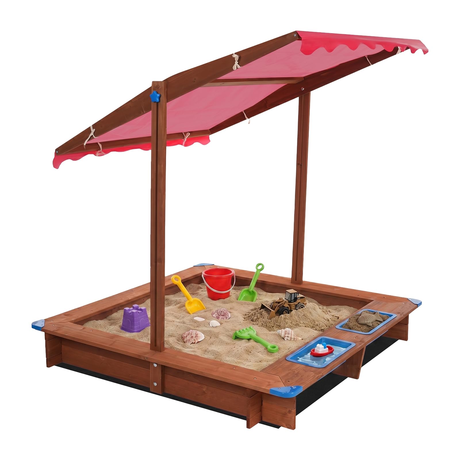 Arenero de madera con cubierta, arenero infantil para el jardín, para patios traseros, jardines, terrazas, playas o parques infantiles, 3 – 14 años, capacidad de carga 100 kg, rojo