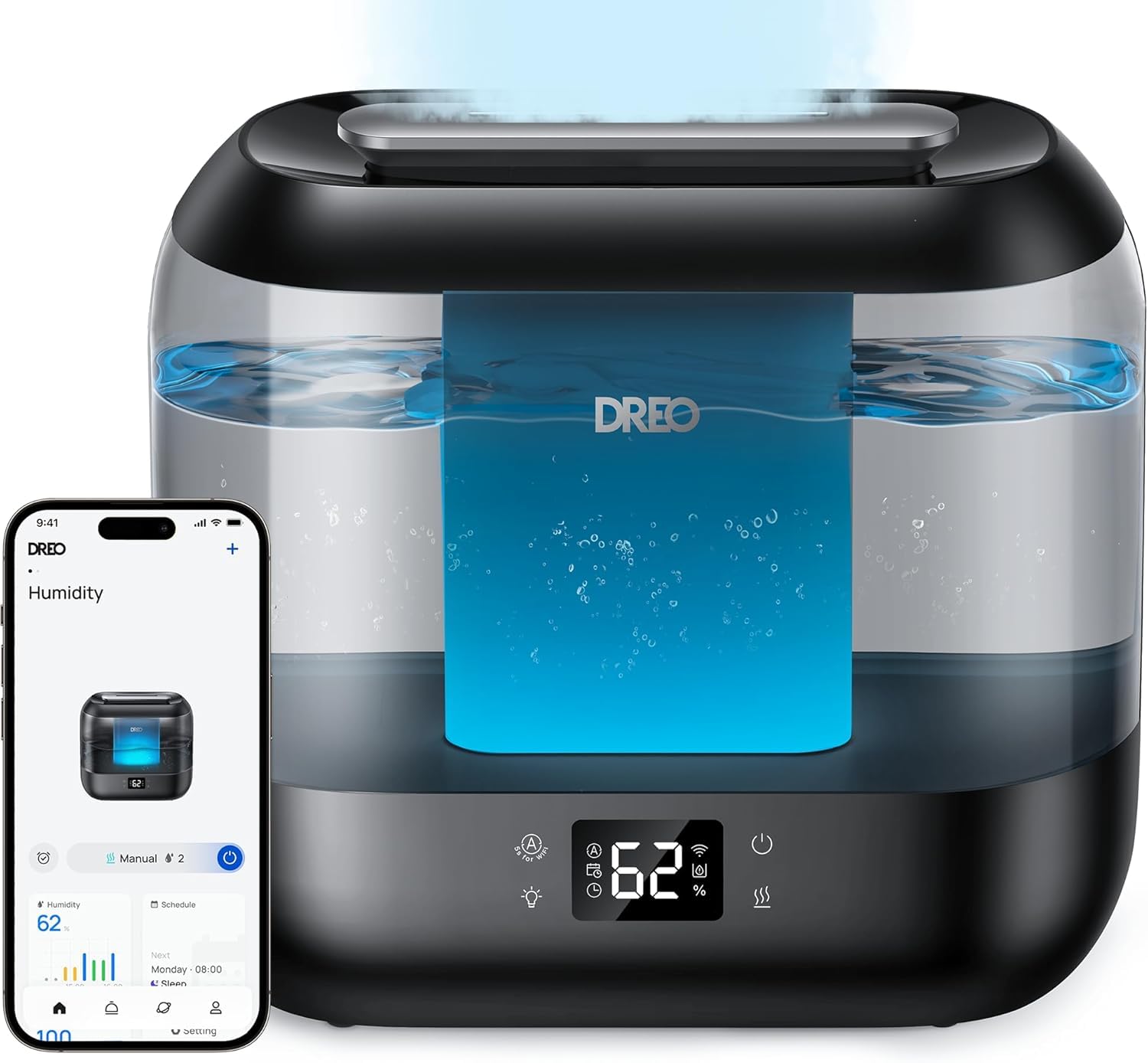 Dreo Umidificatore Smart per la Camera da Letto, Riempimento Superiore da 4L con Nebbia Fredda e Diffusore di Olio e Luce Notturna, Autonomia di 32 ore, Umidificatori Silenziosi per Casa, Ufficio
