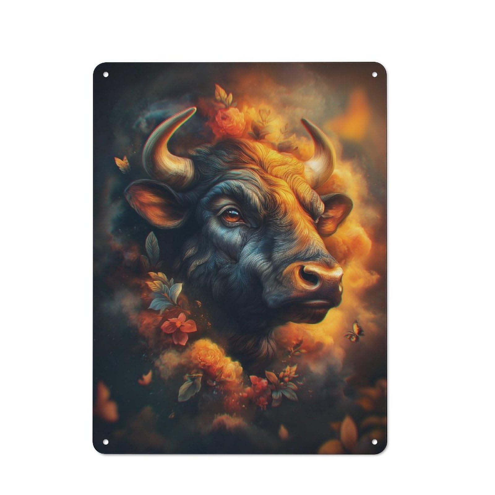 Country Country Metal Sign 40x30cm Featuring Fiery Bull & Blossoms, Rustic Kitchen Decor for Cottage, Kitchen, Hallway Or Breakfast Nook