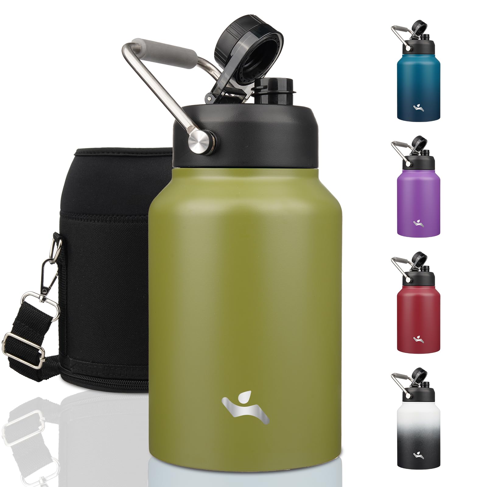 Konokyo Half Gallon Jug with Handle,64 oz Insulated Water Bottle with Carrying Pouch,Double Wall Vacuum Stainless Steel Metal Bottle,Forest Green