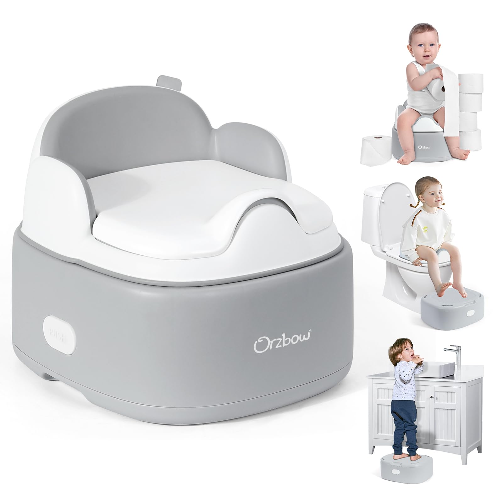 Orzbow - Orinal 3 en 1 para bebé, asiento de inodoro desmontable, taburete para niños y niñas de 18 meses, con tapa protectora contra salpicaduras, fácil de limpiar, color gris