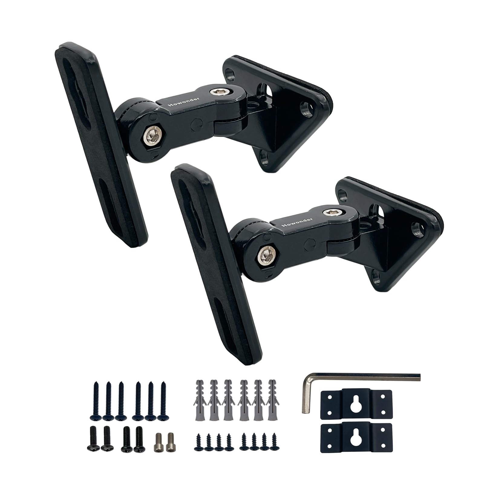 HD-15 - Soporte de pared universal para altavoces, montaje en pared para altavoces pequeños, giratorios e inclinables, soporta hasta 15 libras (2 paquetes de color negro)