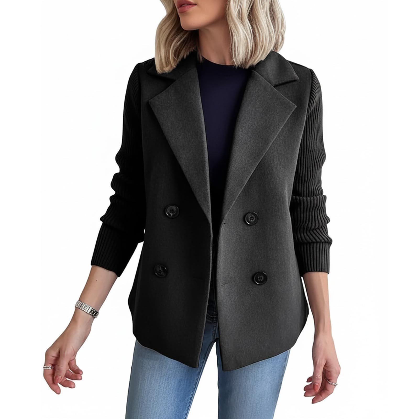 Casual Blazer Sweater Womens Lapel Button Knitted Patchwork Sleeve Casual Cropped Coat Soft Breathable