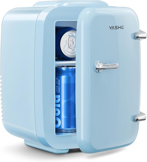 YASHE Mini Fridge, 4 Liter/6 Cans Small Fridge for Skincare, Cosmetic, Drink 110V AC/ 12V DC Cooler and Warmer, Makeup Fridge, Mini Portable Fridge for Bedroom, Office, Bar, Car and Travel, Blue
