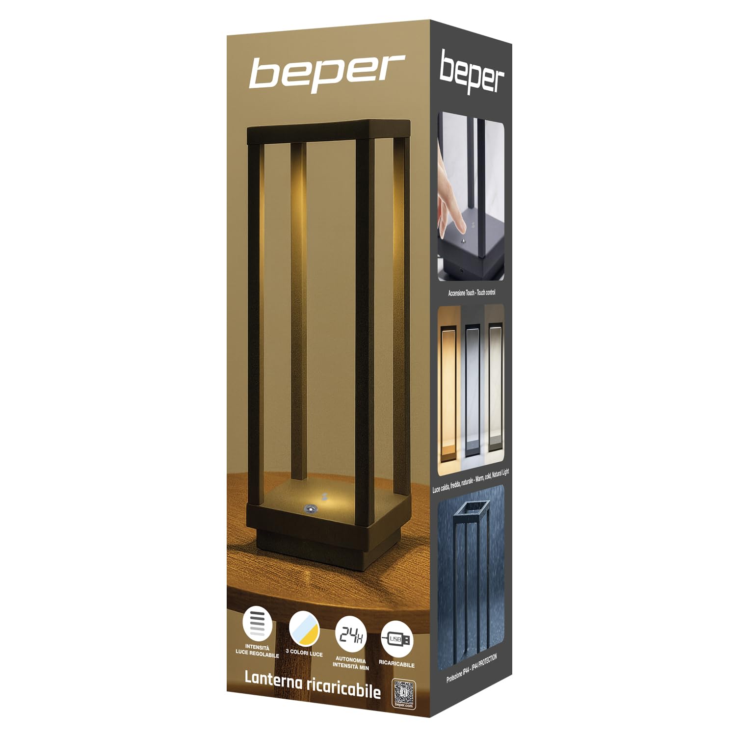 BEPER P207ILI103 Lanterna LED Ricaricabile, Lampada da Tavolo Dimmerabile 3 Luci (Calda, Naturale, Fredda), Autonomia 24h, USB, IP44 per Interno ed Esterno