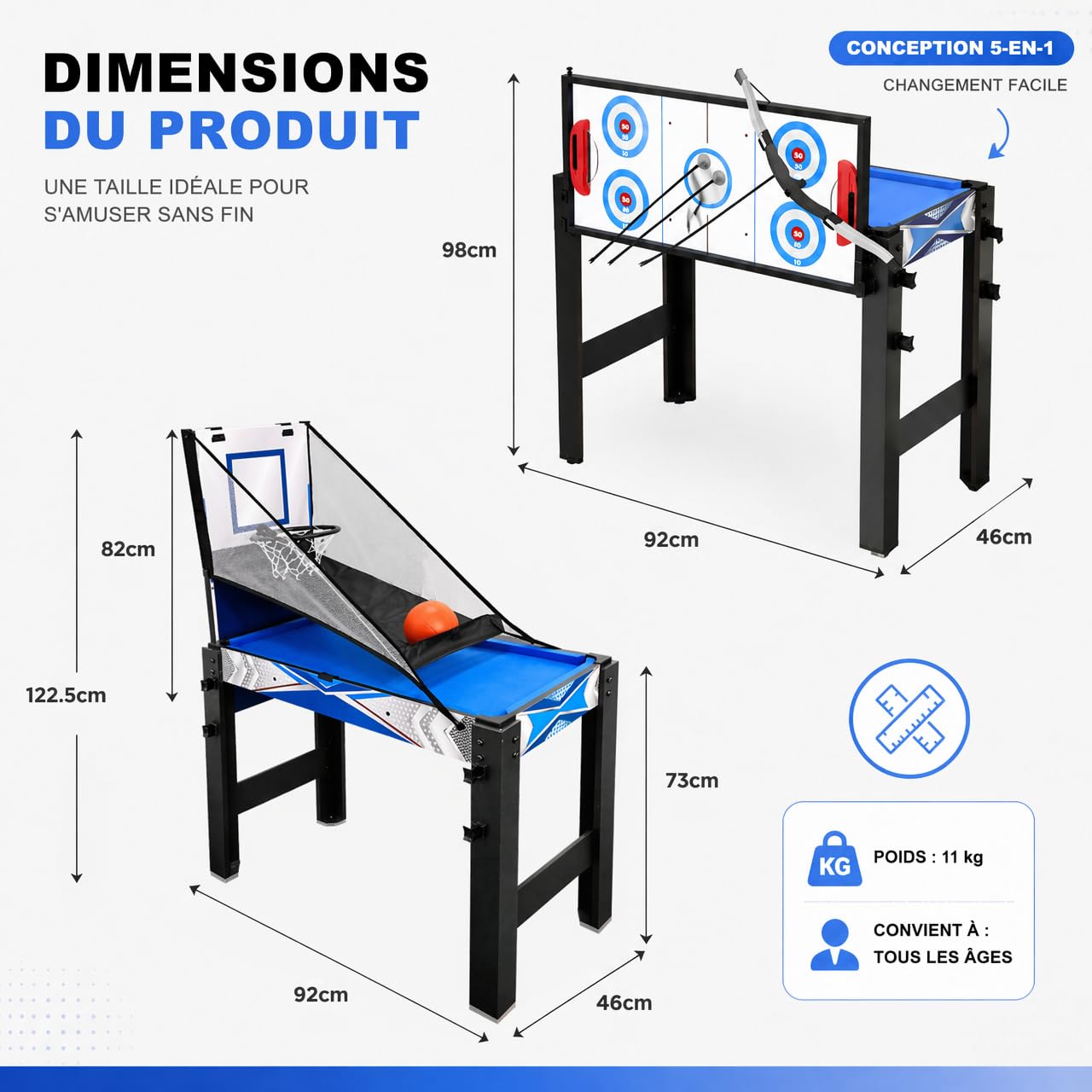 Table multijeux 5en1 122cm Billard Ping Pong Air Hockey Basket