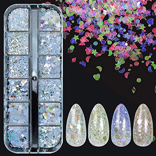 12 Grids Holographic Iridescent Nail Art Sequins, Mermaid Sparkly Flakes Colorful Laser Glitter Sticker, Heart Star Moon DIY Shinning Decals for Face Body Eye Hair Jewels Glitter
