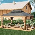 BPS 12' X 16' Hardtop Gazebo Outdoor Aluminum Wooden Grain Coated with Netting Curtain for Patio, Garden, Yard and Party
