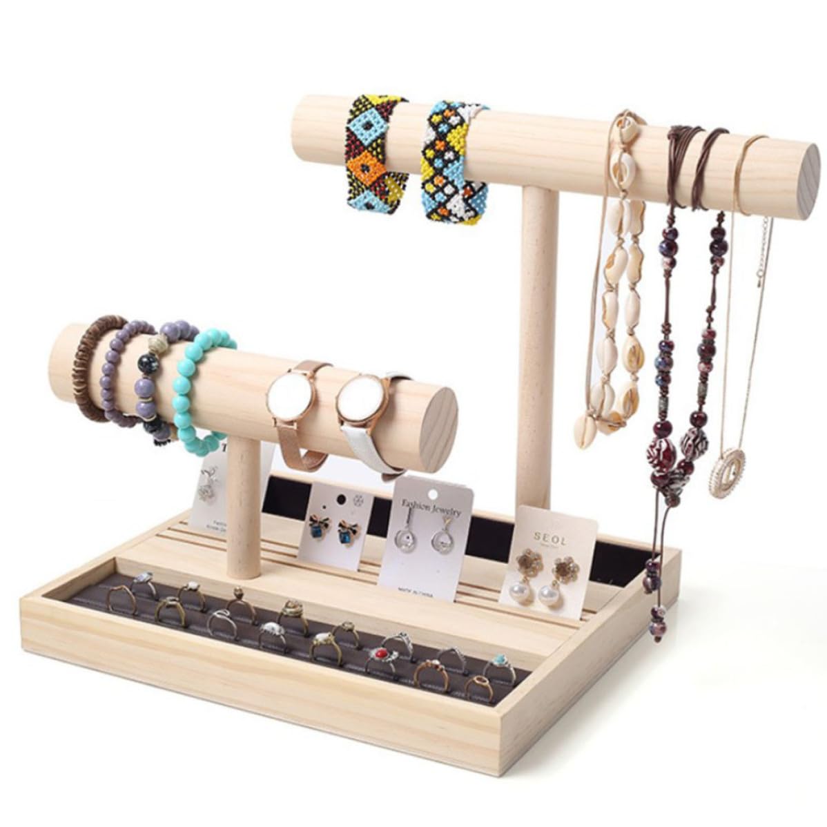 INOOMP Soporte de Madera para Joyas de Dos Capas, Marrón Organizador