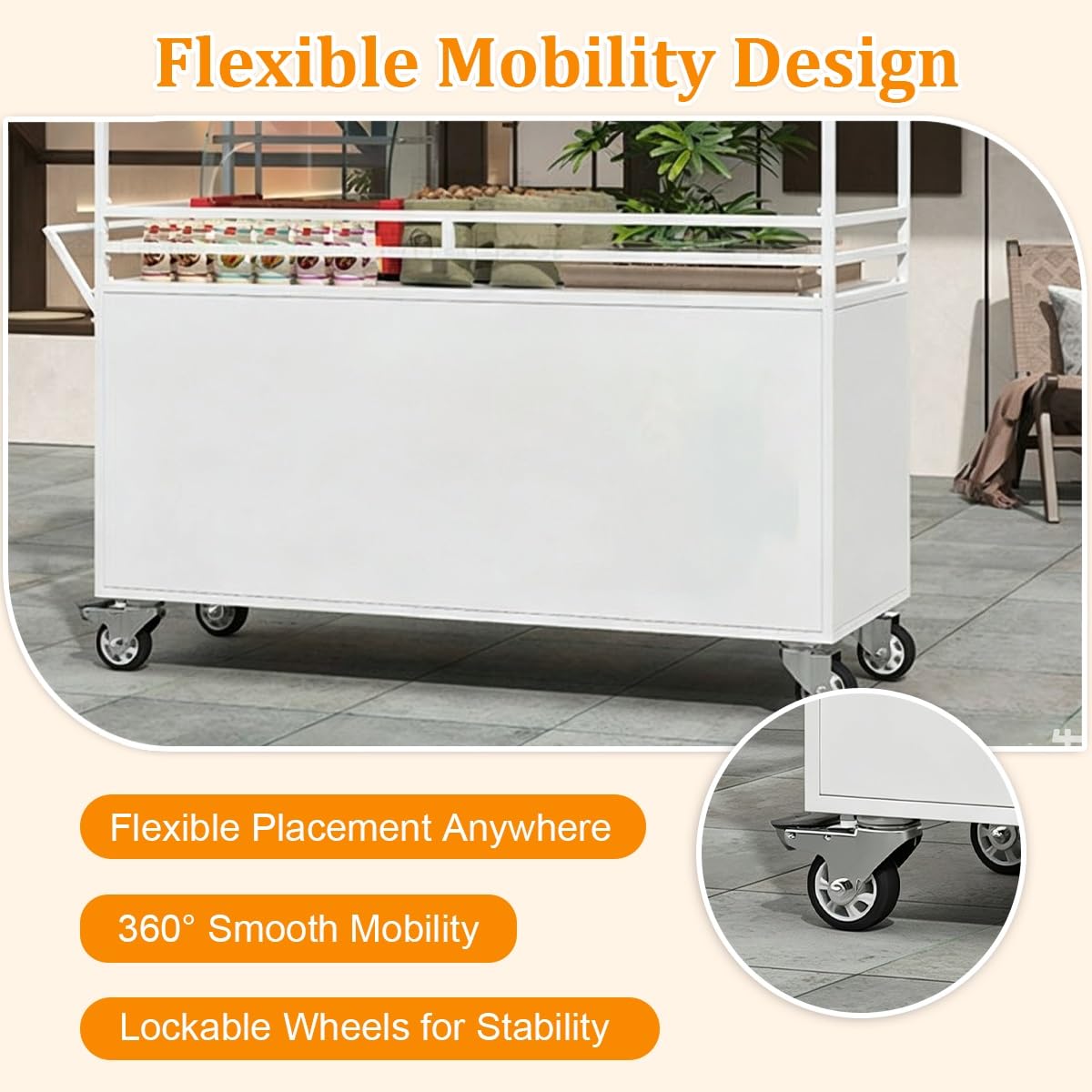 Carrito Ambulante para Comida con Toldo y Ruedas Giratorias, Puesto Móvil | Carro Comercial Puesto de Venta con Ruedas y Amplia Superficie de Trabajo para Mercados y Eventos(Orange,100cm)