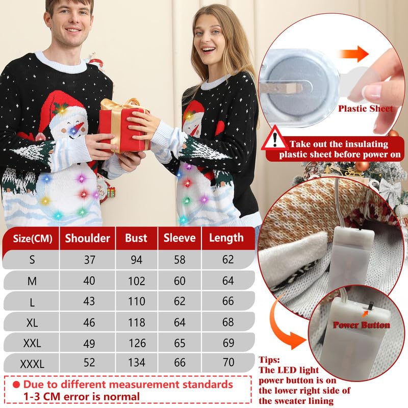 Kouric Maglione Natalizio Donna con Luci, Maglione Natale LED Divertente, Maglioni Natalizi Famiglia Coppia Luminoso Maglioncini di Natale Brutti, Ugly Christmas Sweater per Adulti/Bambina