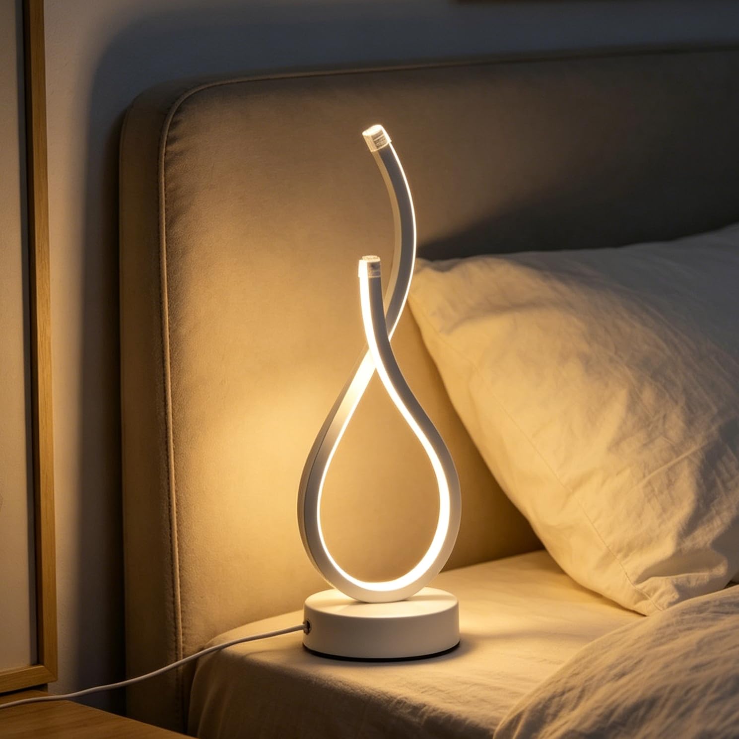 Falafoty Modern Spiral LED Table Lamp, 3 Color Dimmable Bedside Table Lamps, USB Powered Nightstand Lamp, LED Desk Lamp for Reading Work Living Room Bedroom Minimalist Home Decoration (White Heart)