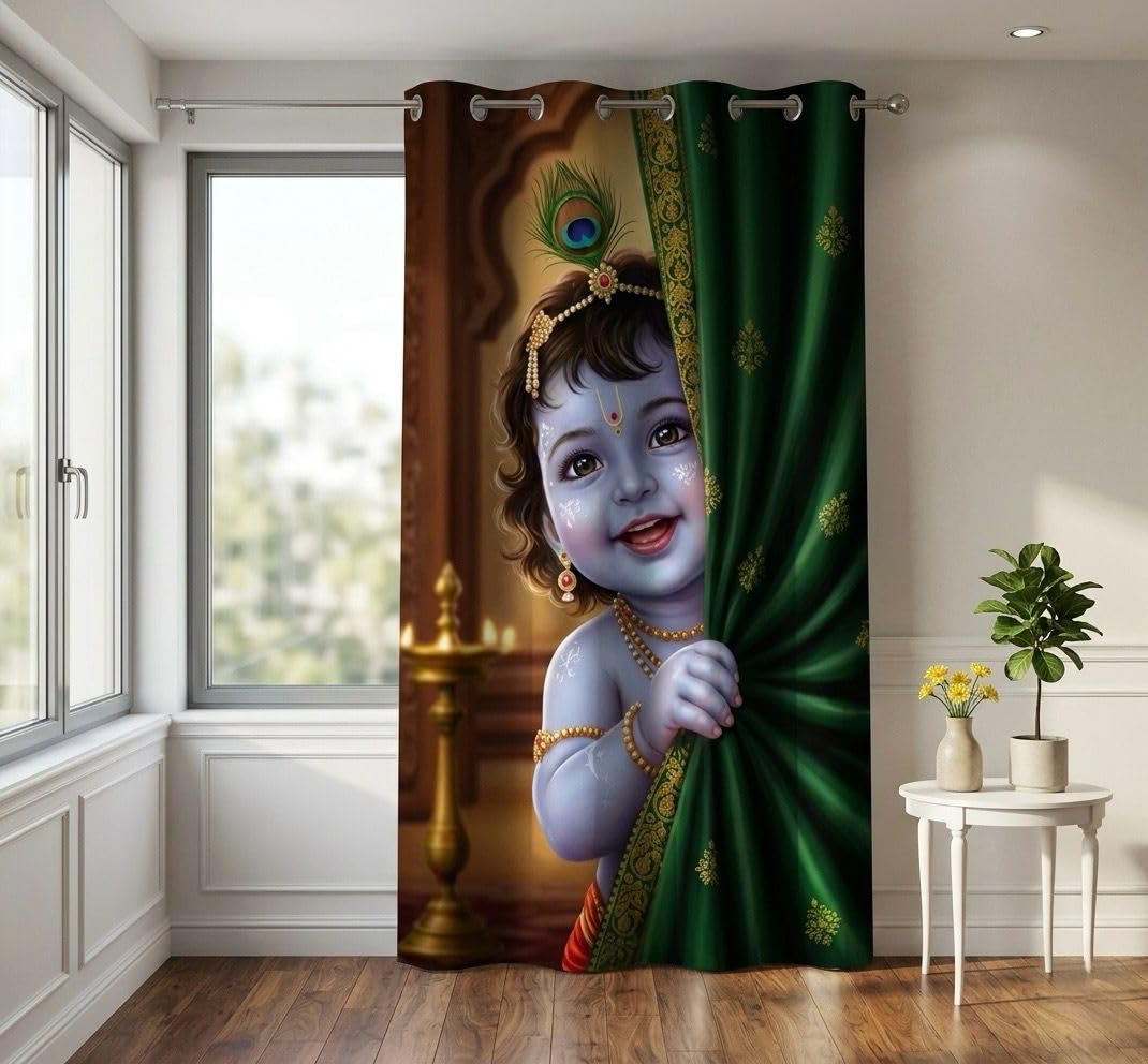 Bal Krishna Digital Printed Window Curtain 7 Feet | Baby Krishna Kanha Peacock Feather Design | Eyelet Grommet Top Polyester Curtain for Living Room, Bedroom, Pooja Room & Home Décor | 1 Panel-picture-10