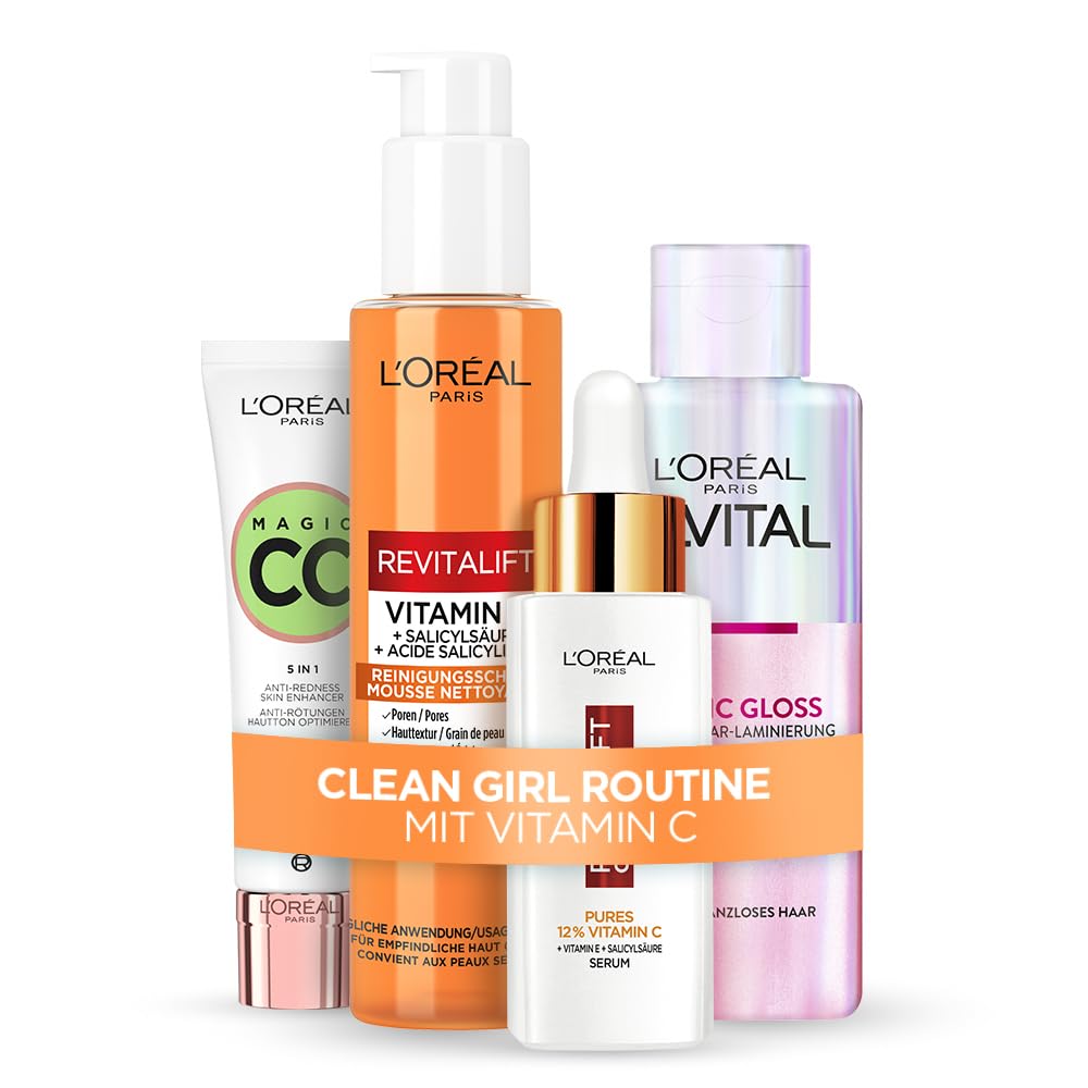 L'Oréal Paris Vitamin C Glow Routine: Vitamin C Reinigungsschaum, 12% pures Vitamin C Serum, Elvital Glycolic Gloss Haar-Laminierung & Magic CC Anti-Rötungen Creme – [Amazon Exclusive], 4-teilig