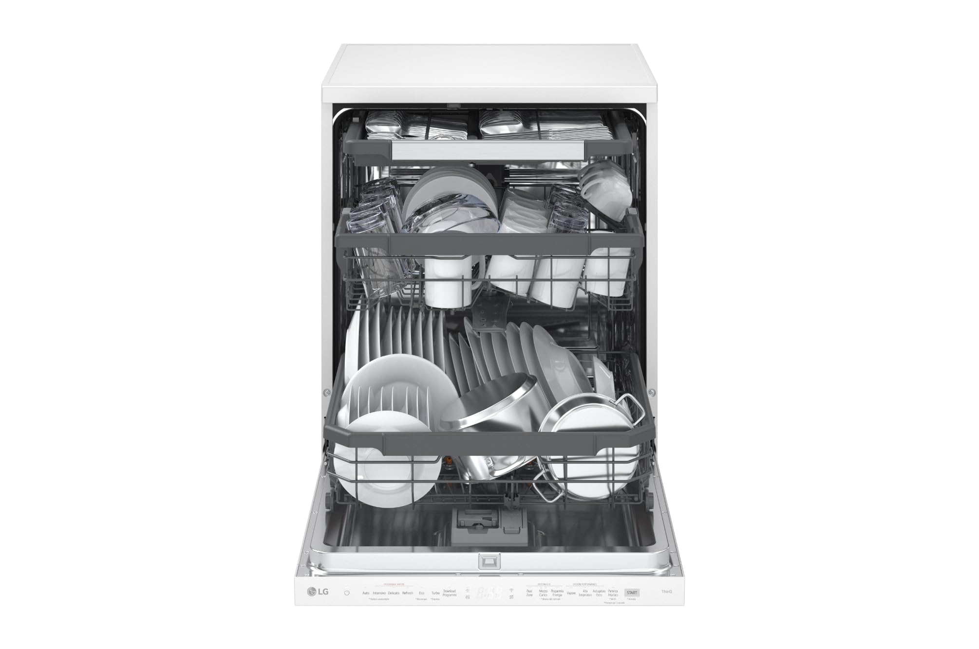 LG DF375HWS Lavastoviglie Libera Installazione Classe A, 14 Coperti, Lavaggio a Vapore TrueSteam, LED Esterno, Sistema QuadWash con 4 Bracci Irroratori, Serie 5, Auto-Apertura, 43dB, Wi-Fi, Bianco