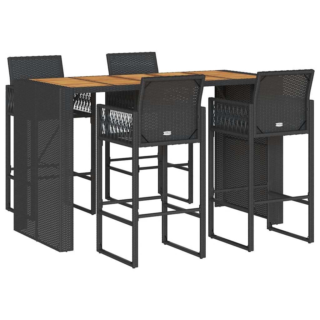 Homgoday Set Bar jardín sin Cojines 5 pzas ratán sintético Acacia Negro Barra Jardin Barra Bar Exterior mesas Altas y taburetes Dimensiones 185 cm