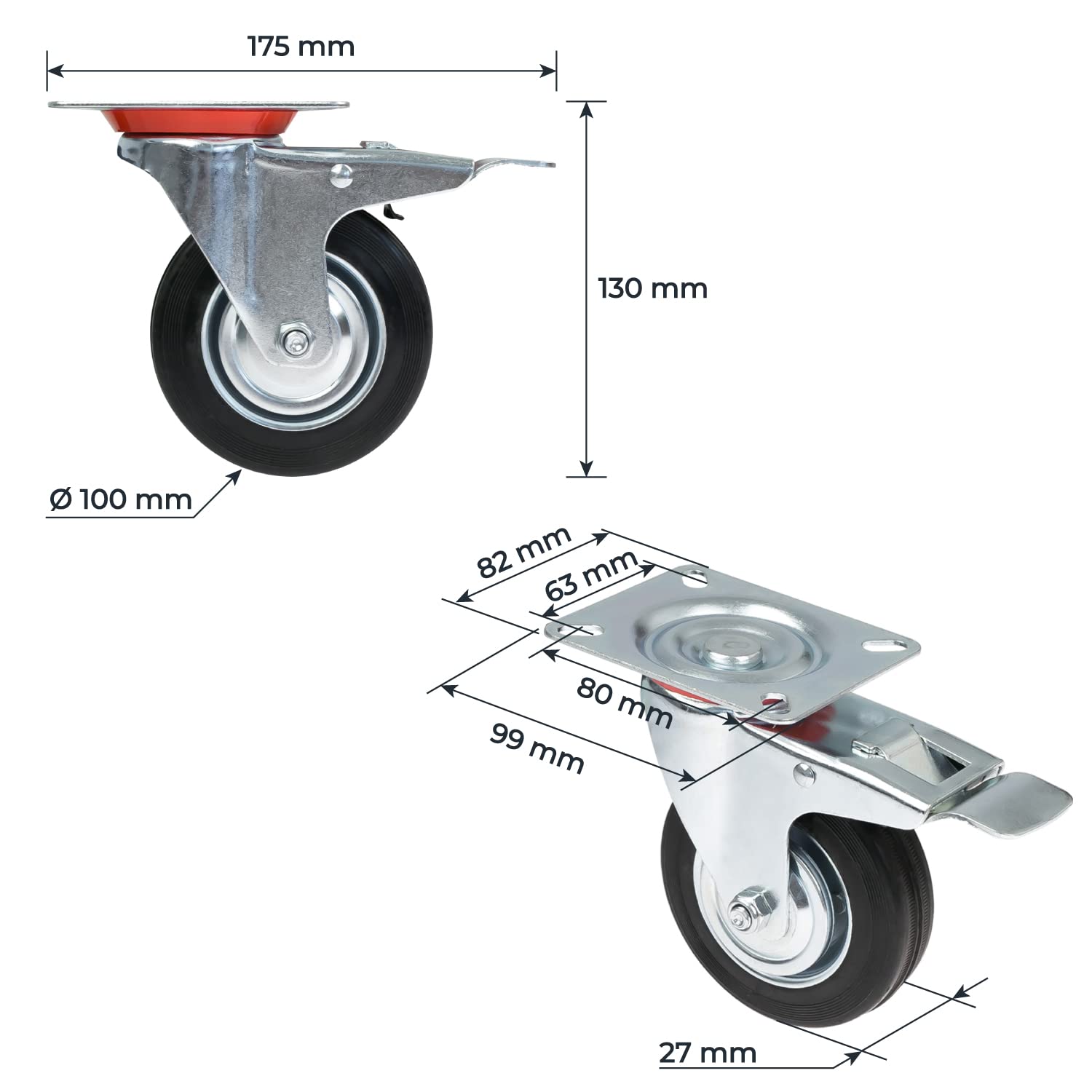HMF 6790 Heavy Duty Castor Wheels with Brake, Made of Solid Rubber, Black, 100 mm - Image 3