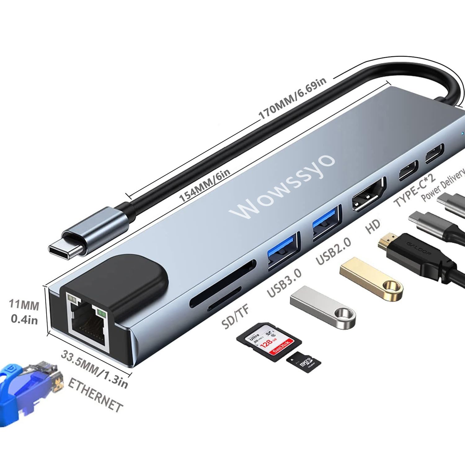 Wowssyo Hub USB C Ethernet 8 in 1, Docking Station USB C,Multiporta USB Hub, HDMI 4K, PD 100 W, USB 3.0, SD/TF, USB-C, Adattatore MacBook M1 Air Pro, per iPad, Switch, Chromecast, Cellulare e altro