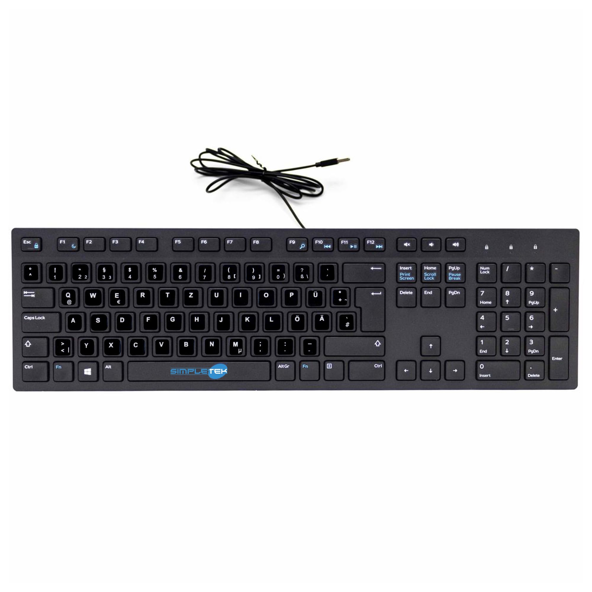 SIMPLETEK - Dünne USB-Tastatur QWERTZ Deutsch Aufkleber Preapplied PC | Schwarze kabelgebundene USB-Tastatur mit vorinstallierten deutschen Layout-Aufklebern im schlanken Design und leisem Tippen