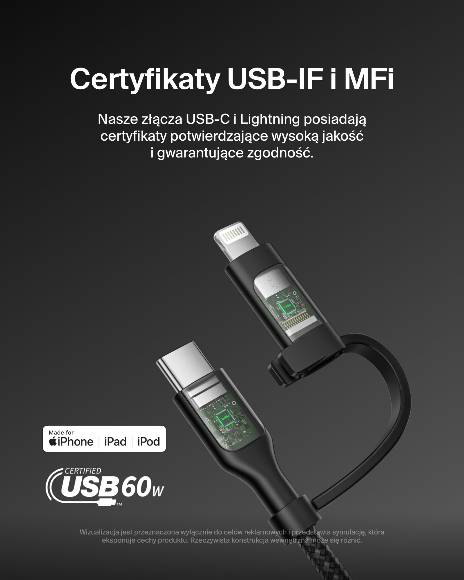 Belkin kabel do ładowania 2 w 1 ze złączami USB-C i Lightning – kabel w oplocie do szybkiego ładowania z USB-C na USB-C i Lightning, do ładowania urządzeń Apple iPhone, iPad, Samsung i innych – czarny