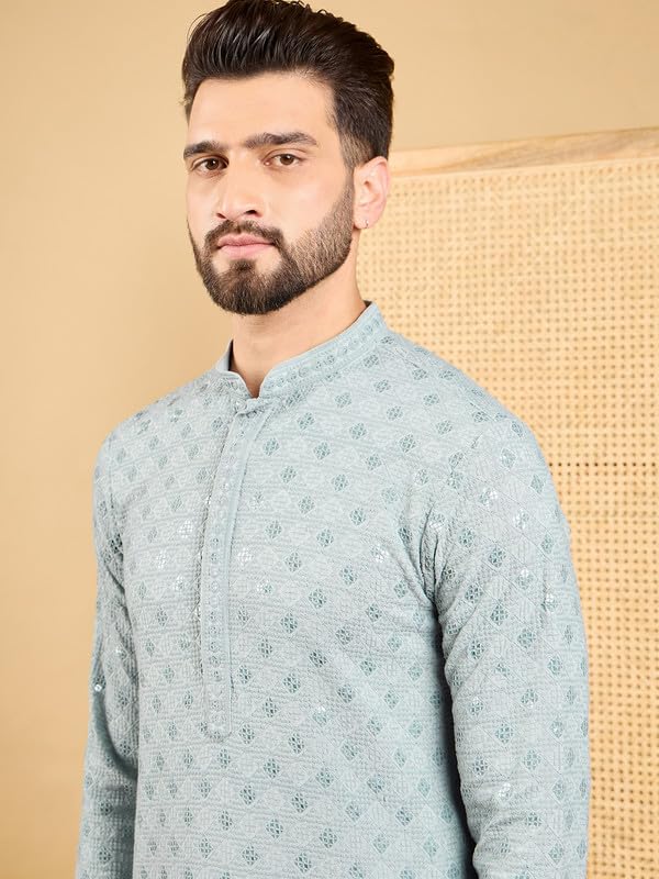 Image of Men's Solid Embroidered Long Straight Kurta | Men's Kurta | Embroidered Chikankari Kurta for Men | Straight Fit Kurta for Men