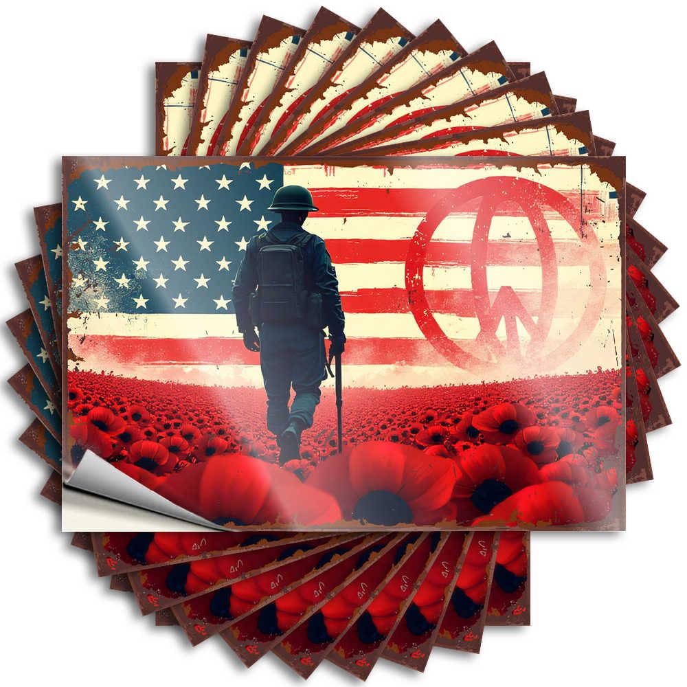 Decal Cats Spring Outdoor Decor Helmet Soldier Walking Through Poppy Field with American Flag in Backgro - No Residue Decals for Girls(6X9CM)