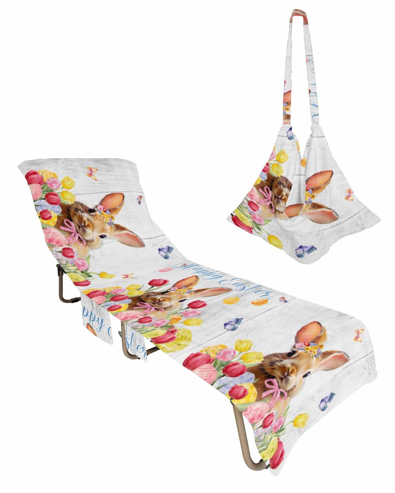 Easter Bunny Tulip Beach Chair Towel Covers for Chaise Lounge With Side Pocket, Soft Plush Pool Towels Cover for Patio Sunbathing Outdoor 29''x85'' Easter Eggs Rabbits Farmhouse Wood