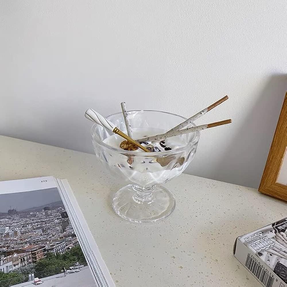  | Lawei Set of 6 Glass Dessert Bowls, 10 Oz Footed Ice Cream Sundae Cups, Vintage Embossed Thick Dessert Dishes, Clear Crystal Glass Serving Bowls for Parfait, Dessert, Snack, Cocktail, Cereal, Fruit: Dessert Bowls