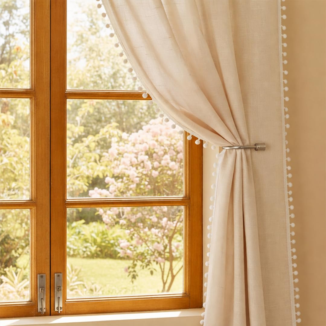 HOMEMONDE Cotton Sheer Solid CurtainsCustomize Feet Sun Light Filtering Solid Curtain with Rod Pocket, Both Sides Pompoms - (Pack of 2 - Beige)