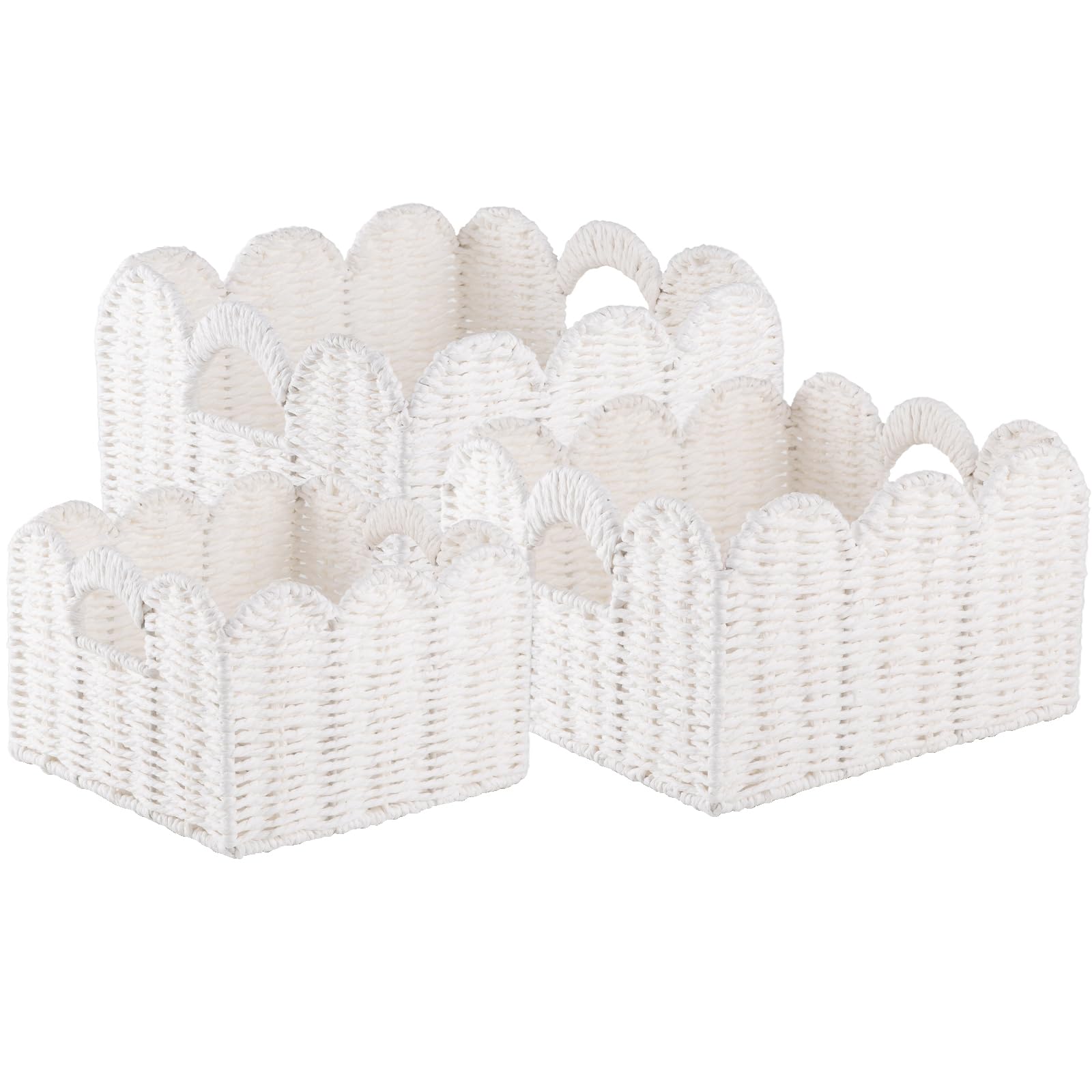 OIAHOMY Scalloped Wicker Basket, Hand-woven Rattan Baskets with Built-in Handles, Paper Rope Basket for Organizing and Decor, 3 Pack-White
