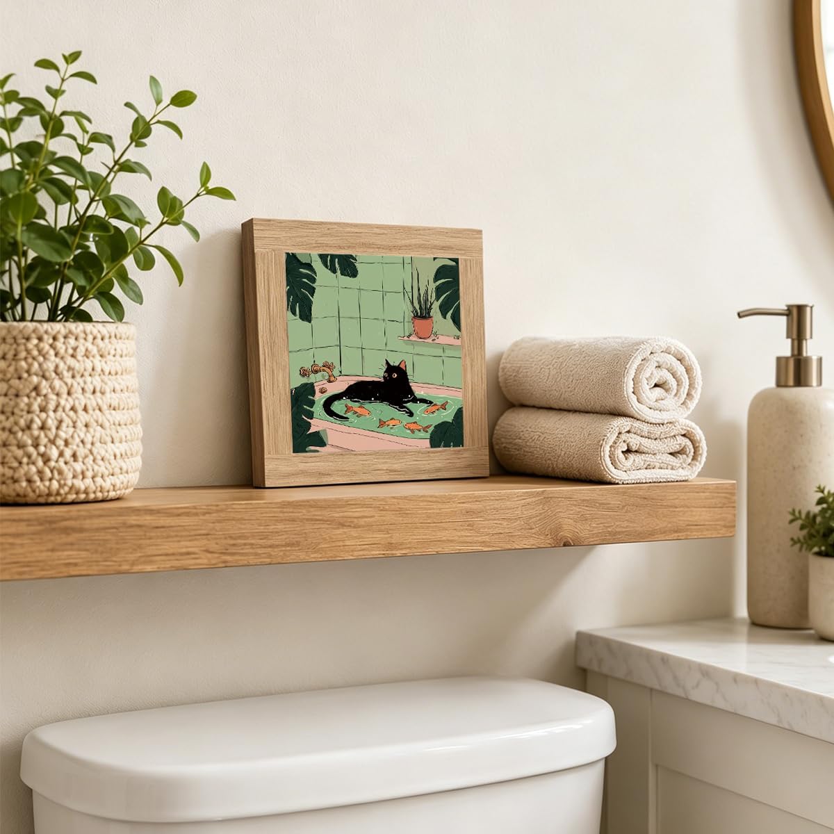 Funny Black Cat Bathtub Wooden Plaques, 5.9 x 5.9 Inch Cat Bath with Goldfish Wooden Block Sign, Tropical Bathroom Shelf Decor, Gift for Cat Lovers Friends image 3