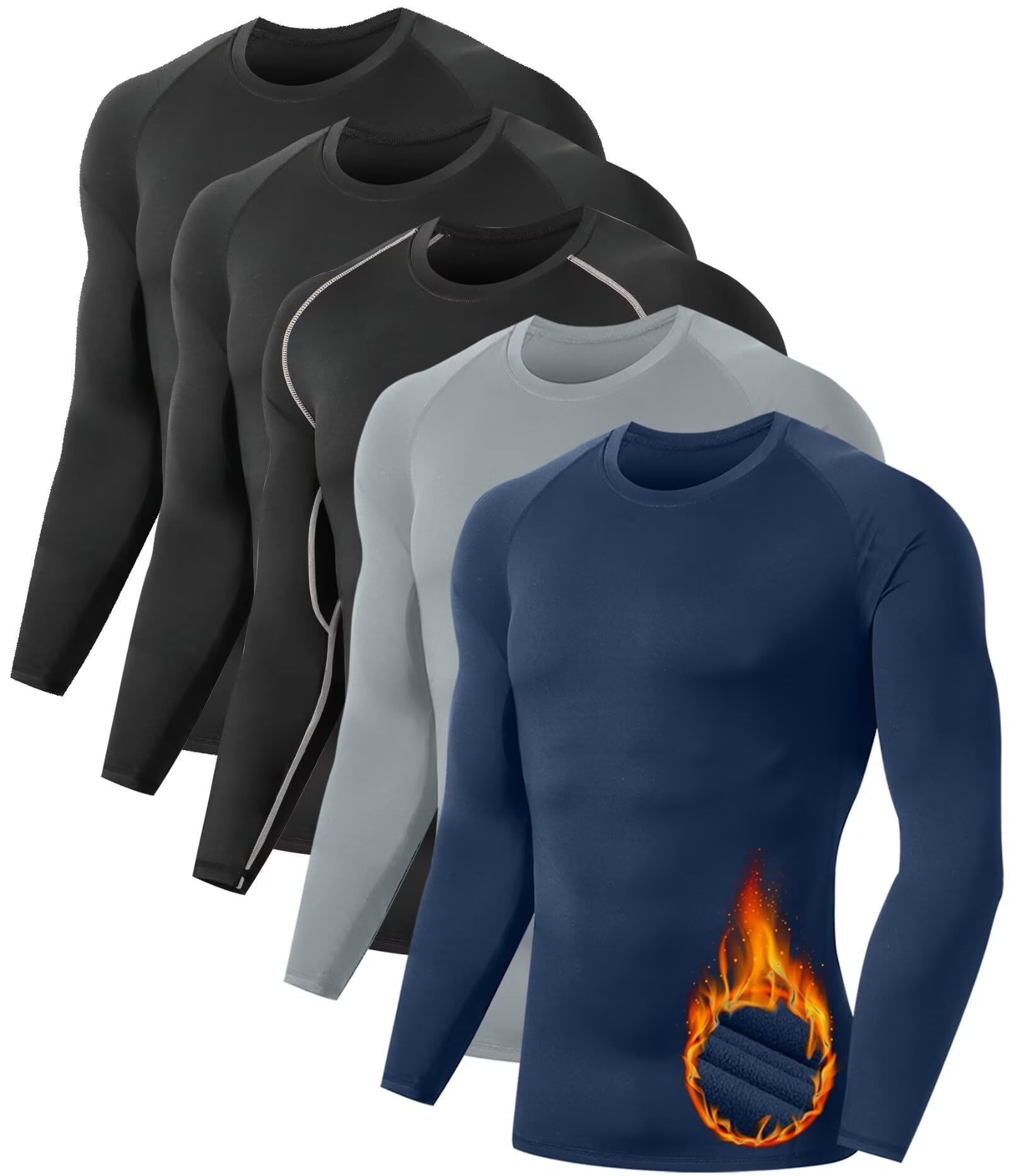 5 or 4 Pack Men's Thermal Compression Shirt Fleece Lined Long Sleeve Athletic Base Layer Cold Weather Gear Workout Top