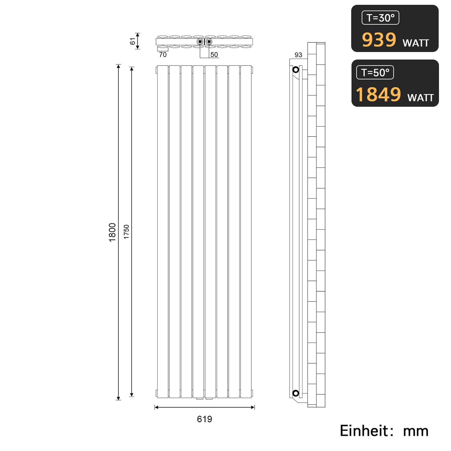 Termosifone piatto per bagno - Bianco - 1800 x 619 mm - Design verticale - Doppio strato - Collegamento centrale